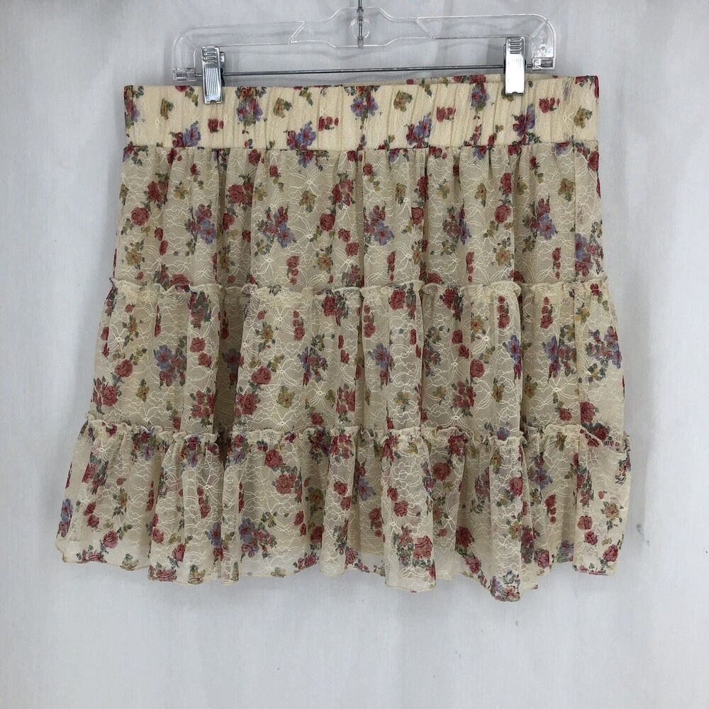 MAURICES Cream Pink Floral Spring Chiffon Lined Pull On Mini Flare Skirt Large